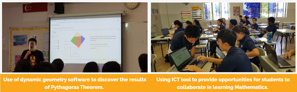 Two classroom scenes: a teacher presenting Pythagoras Theorem on a projector, and students collaborating on laptops.